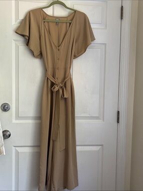 asos beige tan wide leg jumpsuit vneck s fr litter sleeve size 4 waist tie belt